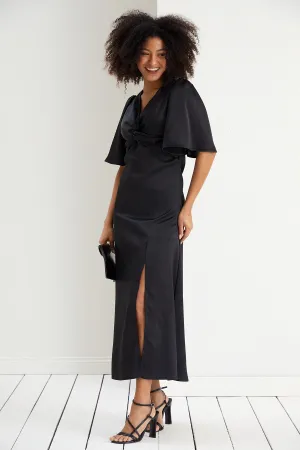Angel Sleeve Satin Maxi Dress with Twist in Black